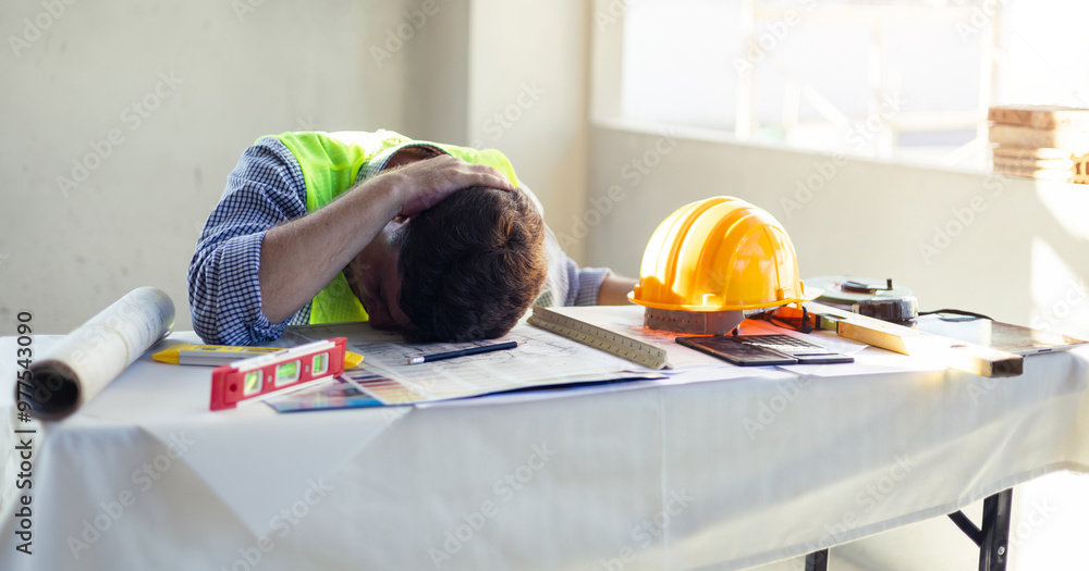 Poster caucasian man architect engineer construction tired and exhausted face on the table working on bluep