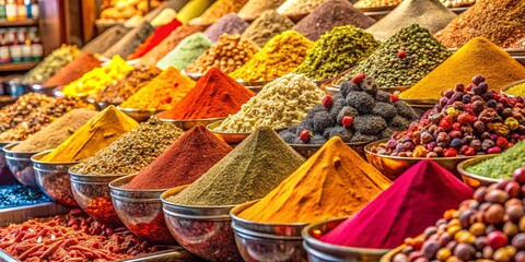 Fototapeta premium Vibrant display of colorful spices and herbs in a market, showcasing a variety of flavors and aromas in beautiful bowls.