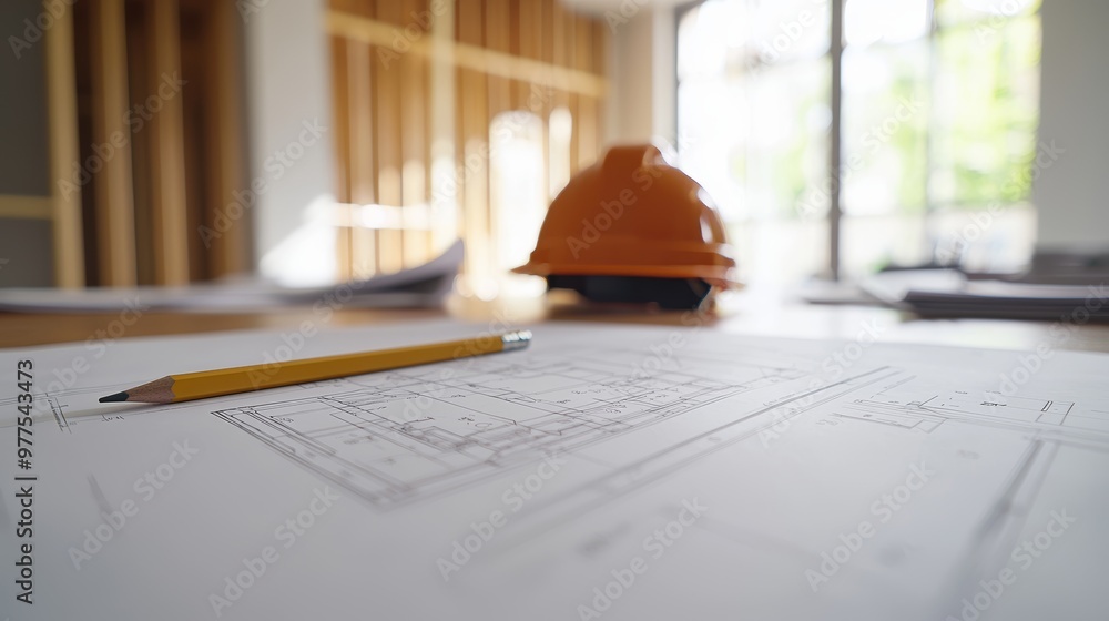 Poster an architectural blueprint floor plan with yellow helmets and pencils is on the table