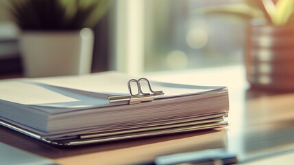 Close-up of a paper clip securing a white note on a stack of documents, placed on a modern office desk.