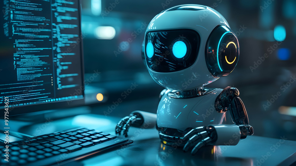 Poster ai chatbot connected to a computer, symbolizing advanced technology.