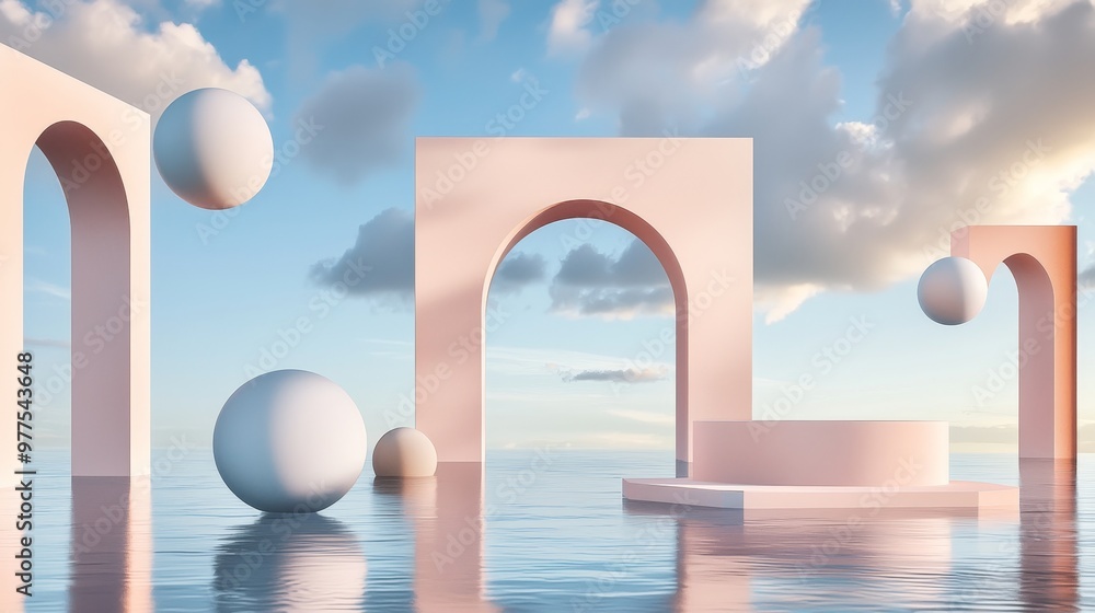 Leinwandbilder '3D Render', Abstract Surreal landscape with a pastel ball floating in the air with a rainbow grass dune and arch with a beautiful sky background.