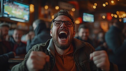 Fototapeta premium sports game being watched by excited men in a bar with warm tones of bar colors, high depth with detailed bar elements, and an atmosphere full of joyful, dynamic expressions