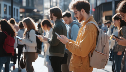 crowd of people walking on a city street, each holding a phone and looking at it. The image represents social media addiction, mobile device usage, and wireless data transfer concepts.