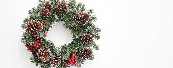 Christmas wreath with pinecones and berries, isolated on white background.