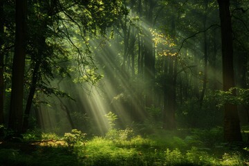 Obraz premium A lush green forest with sunlight streaming through the trees, creating a serene
