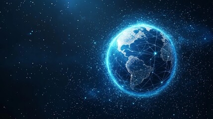 An interactive educational experience featuring a blue hologram globe with a world map with glowing data streams, stock global communication networks, virtual reality simulations, and geospatial data