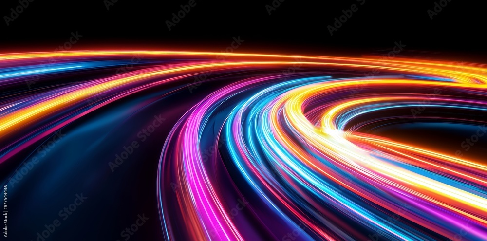 Poster Render in 3D. Abstract neon wallpaper. Dynamic lines over black background. Drawing trajectory for light. Fluorescent ribbons.