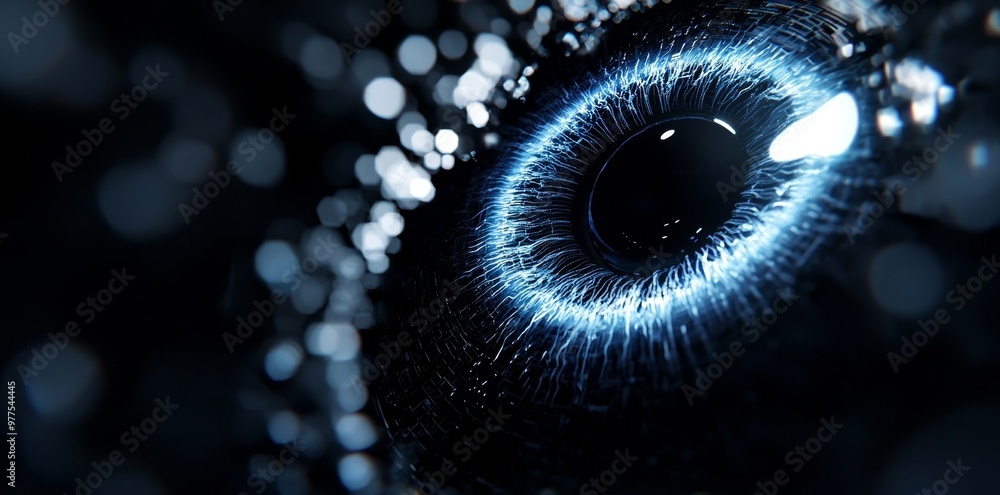 Poster abstract digital blue eye iris on blurry tech background. concept of vision and technology. 3d rende