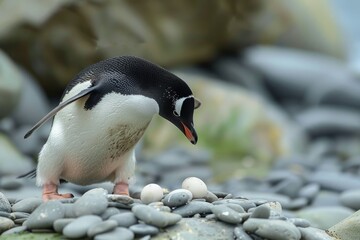 Fototapeta premium A penguin building a nest out of pebbles, its movements precise and methodical as it creates a safe haven for its eggs