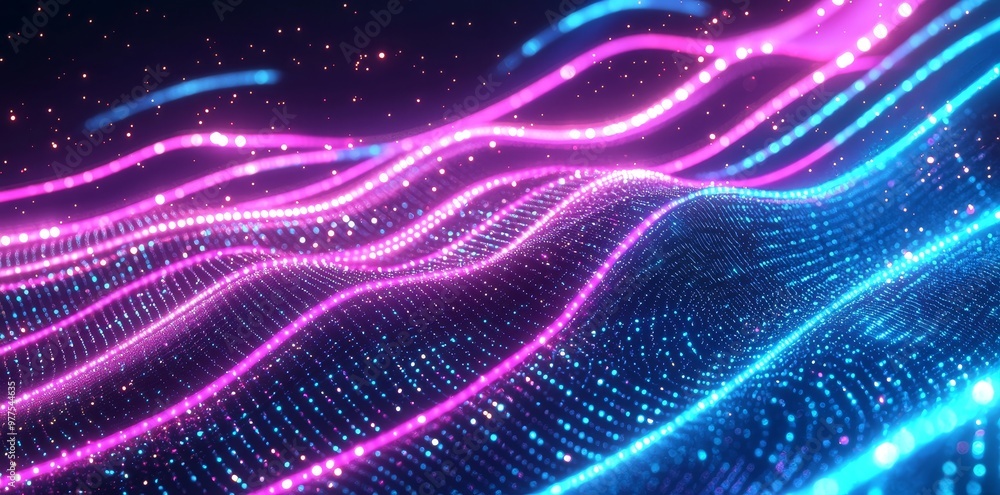 Leinwandbilder Abstract background with neon neon lines and bokeh lights. Data transfer concept. Digital wallpaper.