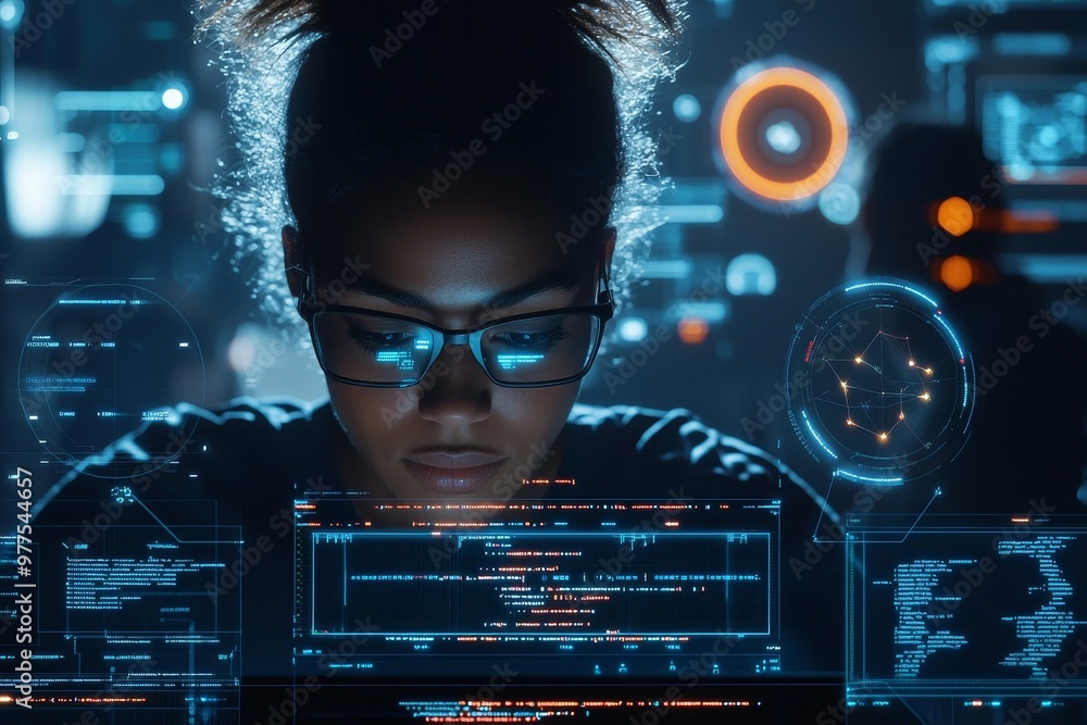 Aufkleber at night, a woman thinks about data analytics, information technology, and software overlay. a compu