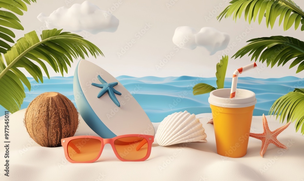 Poster summer vacation 3d rendering, beach and sea icon elements objects group, realistic product mock-up w