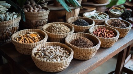 Fototapeta premium Organic, wild-harvested Asian spices displayed in woven baskets on a wooden table, showcasing the connection to nature and traditional harvesting methods.