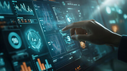 Business professional using a futuristic touchscreen interface to manage financial planning and budgeting, Budget and financial planning concept,Corporate finance and annual strategic plan. invest, Ai