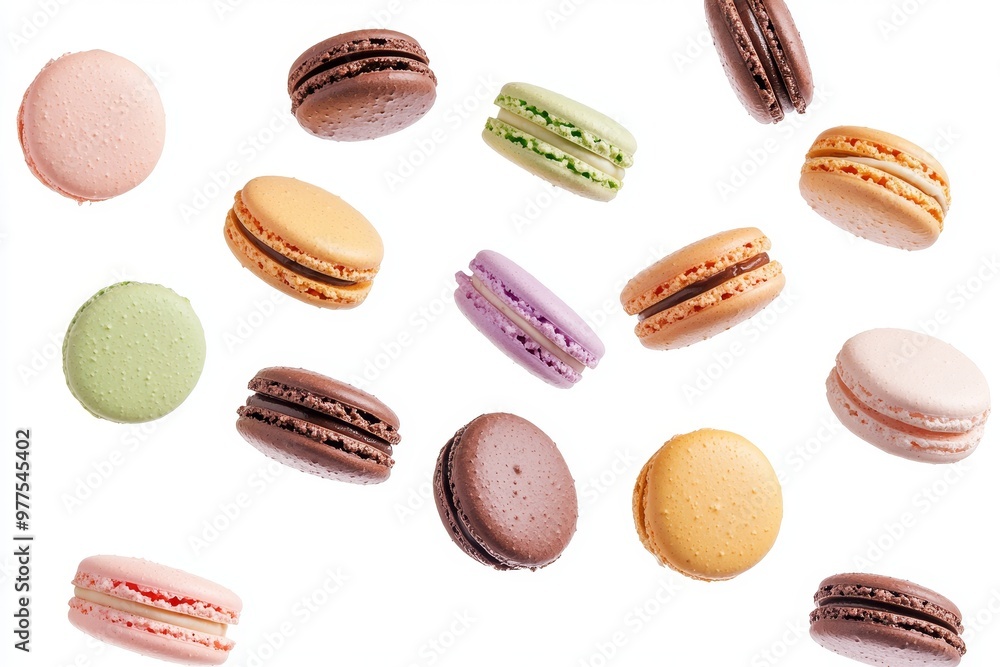 Aufkleber this is a generative deign illustrating various colorful macarons floating in the air, isolated on a