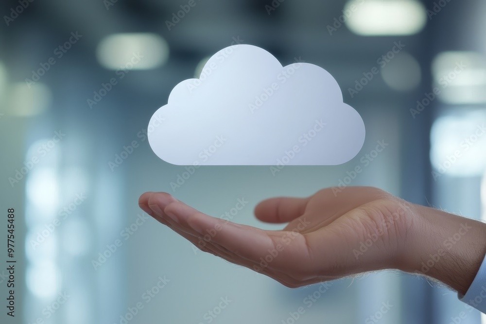 Poster hand holding glowing cloud computing hologram on blurry interior office background. concept for data