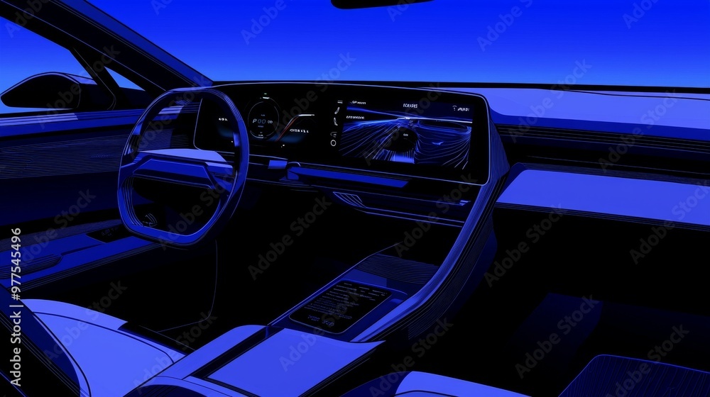 Poster on a dark background, a close-up view of a futuristic car interface can be seen
