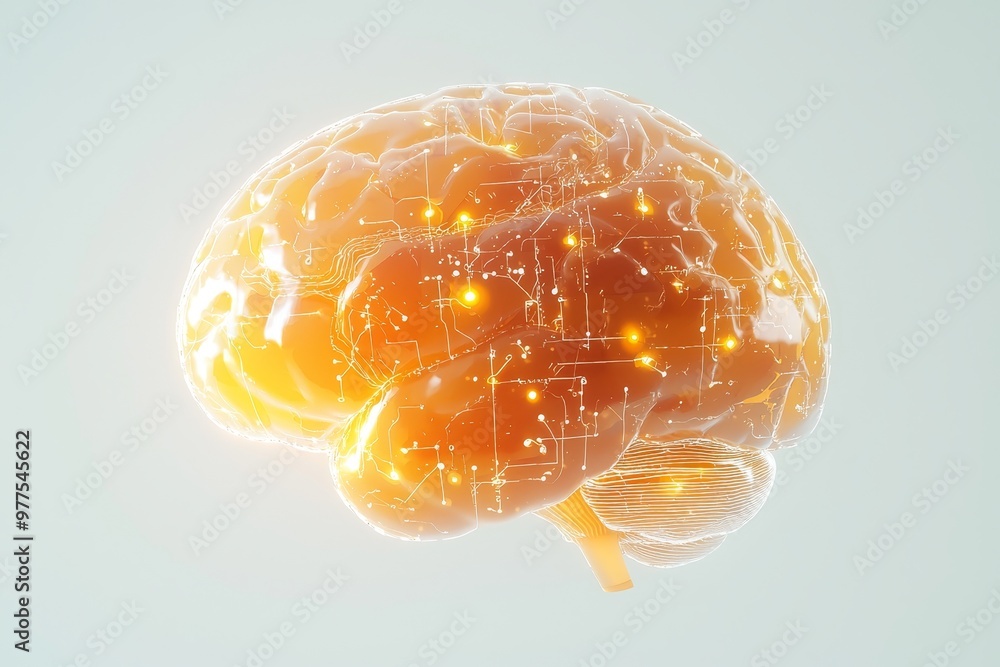 Poster AI brain made from metal isolated on a clean png background, stock neural network with generative AI, futuristic technology concept.
