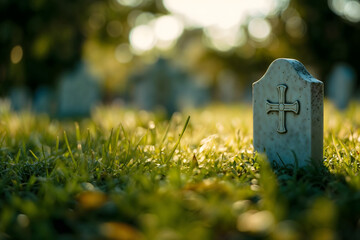 Gravestone with cross in a sunlit cemetery