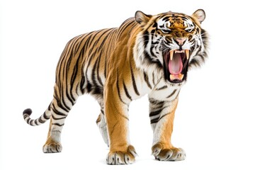 A portrait of a Bengal tiger looking at the camera isolated on a clean png background. Hunter in the forest, wildlife concept.