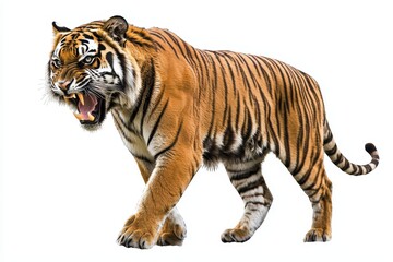 Obraz premium Isolated Asia Bengal tiger looking at camera on a clean white background. Hunting in the forest, wildlife concept, silhouette.