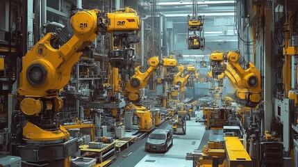 Fototapeta premium scene of a thriving automotive factory with yellow machinery at work in the robotic assembly line, capturing the industrious atmosphere and the high-tech process of vehicle manufacturing