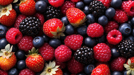 Fototapeta premium A close-up of assorted fresh berries including strawberries, raspberries, blackberries, and blueberries. The vibrant colors and textures highlight the freshness of the fruits.