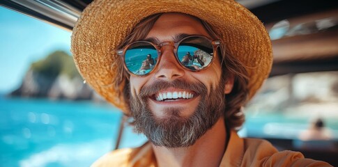 Portrait of smiling man wearing sunglasses and straw hat against blue sea