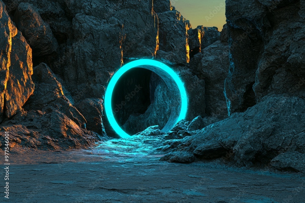 Poster an abstract stone portal gate illuminated with neon circle lights in a dark space landscape, mountai