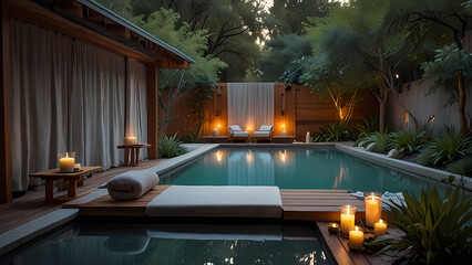 Peaceful beauty spa retreat nestled in nature, with soft pastel colors, flowing water, and lush greenery surrounding a minimalist outdoor spa area