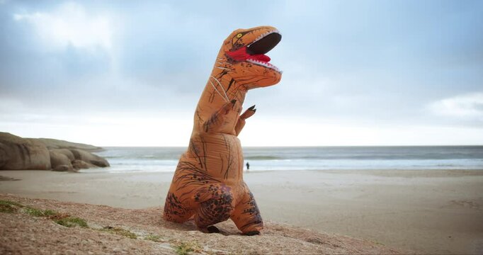 Mascot, beach and fun with tai chi, zen and peace for comic and wellness with nature. Costume, inflatable dinosaur and exercise with blue sky, funny workout and fitness for health and energy balance