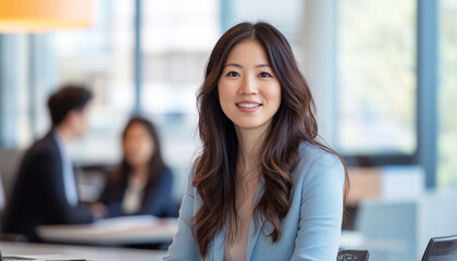 Fototapeta premium Professional Asian business woman with brunette longhair modern hairstyle smiling confidently at camera seated at desk with laptop in modern office environment or coworking space among colleagues