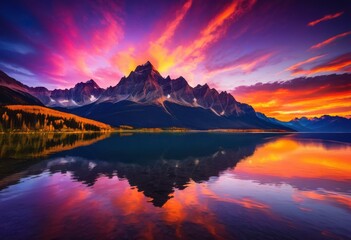 vibrant sunset over majestic mountain peaks illuminating sky rich hues purple, orange, pink, landscape, nature, scenery, view, beauty, clouds, light, colors