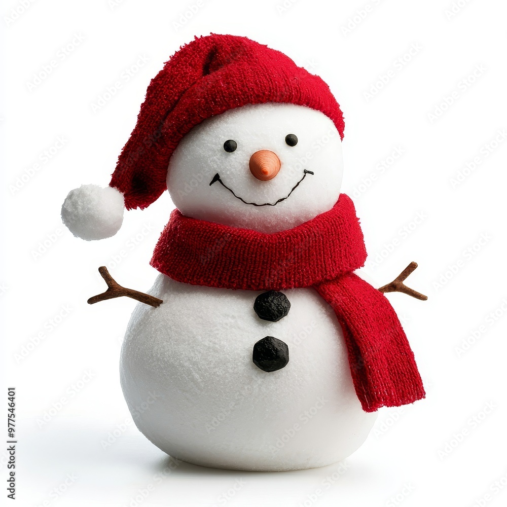 Poster a snowman wears a red hat and a scarf on a white transparent background.