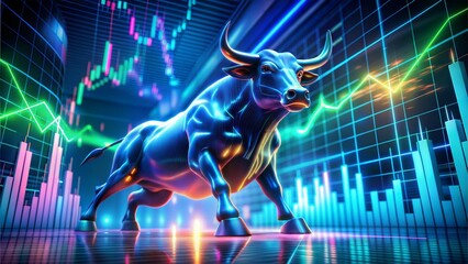 Obraz premium Powerful bull statue with vibrant financial graph background, symbolizing market strength and bullish trends 