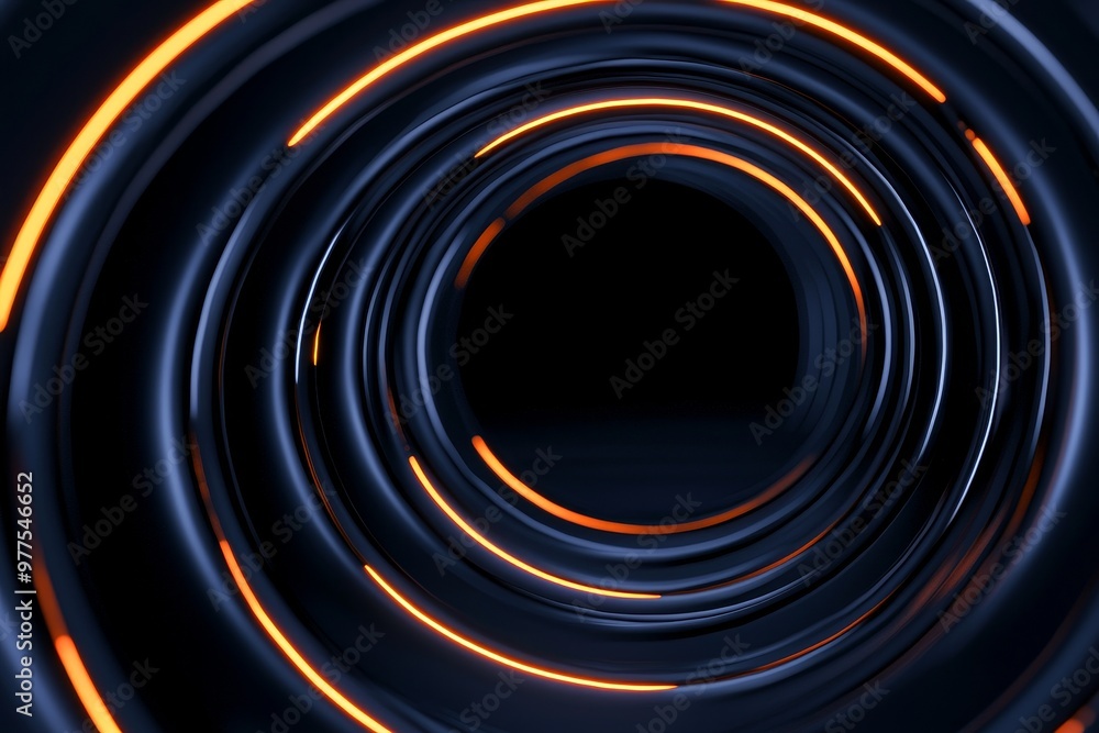 Poster blue and orange light effect. horizontal glowing tunnel. hologram on dark technology background. ove