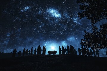 The wooden stable with dark blue stars and space for a copy in the middle of a dark blue sky, Jesus Christ's birth concept