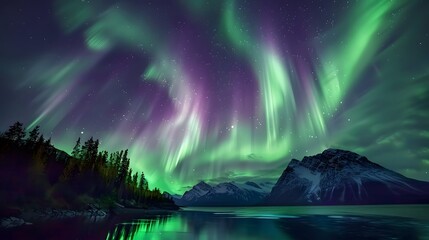 Fototapeta premium Aurora Borealis: A mesmerizing display of the Northern Lights dancing across the night sky in vibrant greens and purples. 