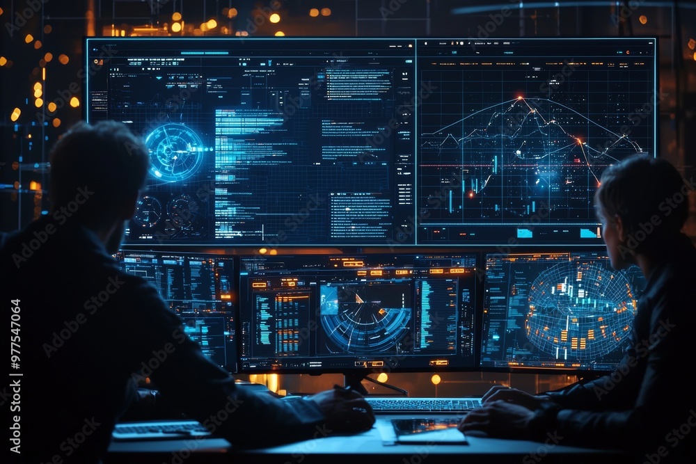 Fototapete Programmers and programming programmers work in office software; programming programmers work in information technology software; computer coders work in innovation; digital engineers develop