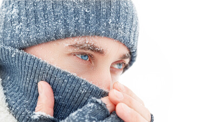 Handsome guy with blue eyes at the snow. Winter portrait. Copy space.
