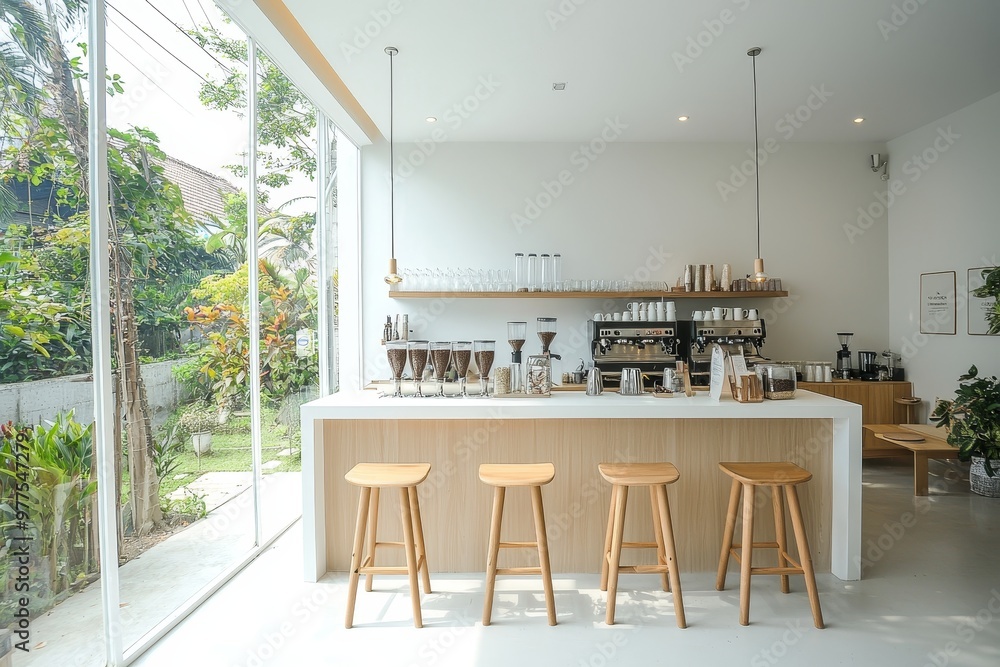 Poster interior design of a cafe or coffee bar in a clean minimalist style, decorated with soft and soothin