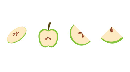 Vector set of green fresh apples icon. Apple fruits on white isolated. Apple slices collection	
