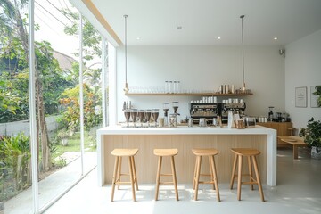 Fototapeta premium Interior design of a cafe or coffee bar in a clean minimalist style, decorated with soft and soothing colors, a glossy white round corner counter and coffee machines.