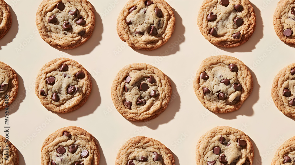 Poster chocolate chip cookies neatly arranged in rows on a beige surface -