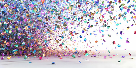 Fototapeta premium 3D Holographic Confetti Burst Concept: Wide Shot of Shimmering Multi-Colored Confetti Pieces Suspended in Air on Plain White Background with Copy Space