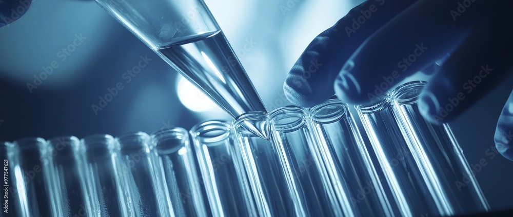 Poster close-up of a lab technician holding a test tube containing a precision sample, representing advance