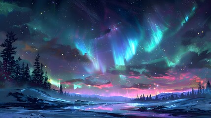 Obraz premium Aurora Borealis: A mesmerizing display of the Northern Lights dancing across the night sky in vibrant greens and purples. 