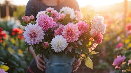 Senior woman farmer harvesting organic dahlias and gladiolus from her summer garden.