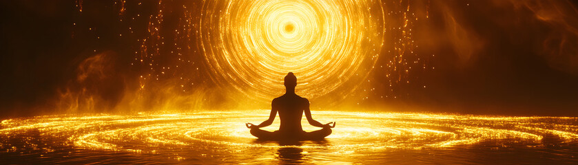 A person is sitting in a pool of water with a golden circle in the background